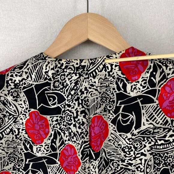 ST. GILLIAN Blazer 14 Silks Abstract Floral Faux Cami Button Front Black Red Vtg - Picture 14 of 16